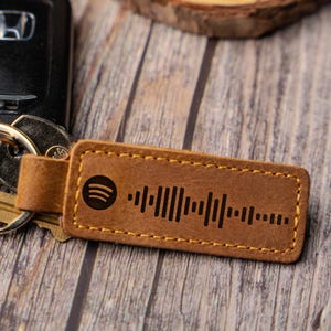 May include: A brown leather keychain with a Spotify code and logo. The rectangular tag is stitched with yellow thread and attached to a keyring with keys and a car key fob. The background is a wooden surface.