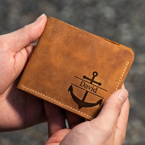 Cartera de ancla personalizada para hombre: cartera de cuero personalizada, regalo de pesca para papá, esposo o novio, idea de regalo náutico