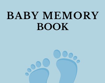 Puede incluir: Un libro de recuerdos para bebés con el texto "BABY MEMORY BOOK" en negro. La portada presenta dos huellas de pies de bebé azul claro sobre un fondo azul claro.