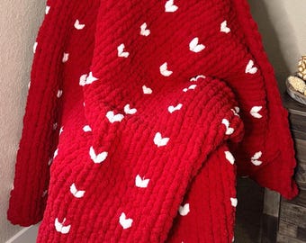 Handmade Red Chenille Throw Blanket – Chunky Knit with White Hearts