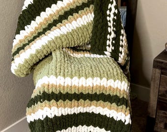 New Growth Chunky Knit Blanket | Sage/Olive Striped | Handmade Cozy Blanket | Neutral Decor | 50x58