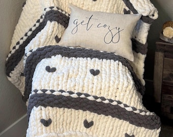 Chunky Knit Blanket with Hearts: Handmade Boho Throw, 50x56