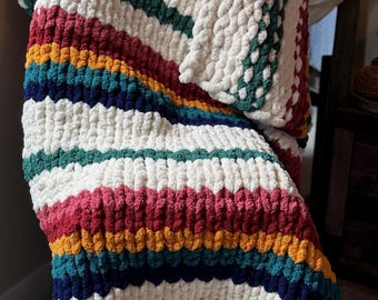 The Campfire Blanket – Retro Striped Chunky Knit Throw – Cabin Cozy Blanket – Rustic Decor