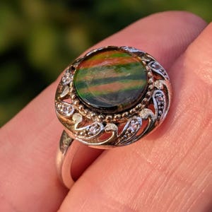 Bague en argent sterling 925 poinçonnée avec ammolite et diamant
