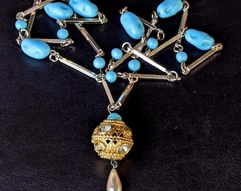 Flapper Era Turquoise Glass Art Beads and Gold Ball Pendant Necklace Period Jewelry Collector's Piece Unique Jewelry Antique Vintage