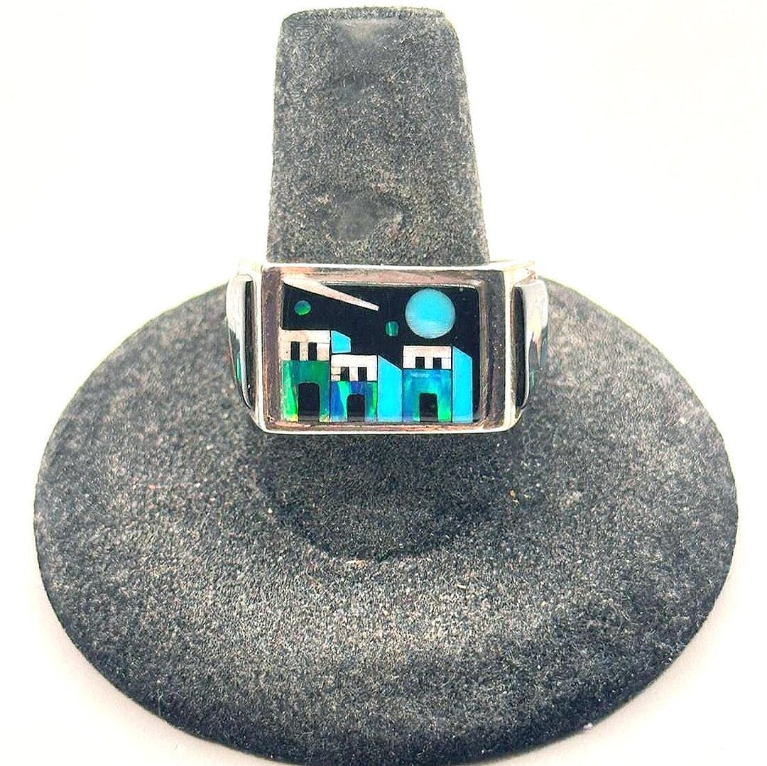 Hopi Inlay Rings Zuni Inlay Signed ZA Ring Pueblo Galaxy Hopi Inlay Turquoise Opal Coral ...
