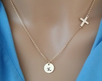 Gold Cross Necklace with Initial - Personalized Gifts for Christian Women, mom, sister, friend, wife, mother, one two three four kids