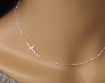 Cross Sideways Necklace, Solid Sterling Silver Cross Jewelry, Gift for Woman or Girl, Delicate Jewelry for her