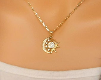 14k GF Sun Moon and Stars Necklace, Celestial Necklace, Sunshine Necklace, Crescent Moon Necklace, Stars Necklace, Sunburst Necklace