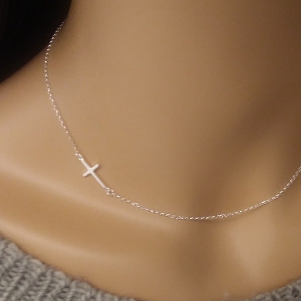Cross Sideways Necklace, Solid Sterling Silver Cross Jewelry, Gift for Woman or Girl, Delicate Jewelry for her