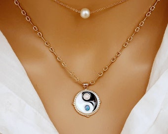 Yin Yang Necklace - 14K Gold Filled - Opal Gemstone Necklace - Birthday Gifts - Yoga Harmony Balance  Peace Love Jewelry - For men or women