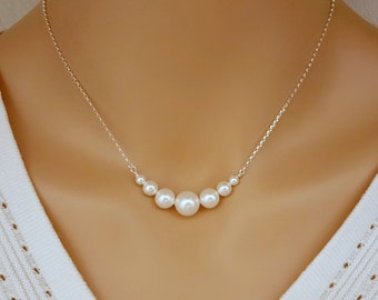 2-10mm Graduated Pearl Necklace in Sterling Silver, Curved Bar Pearl Necklace For Women, Dainty Pearl Jewelry, Pearl Gift, Bridesmaid Gifts