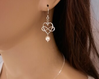 Heart Pearl Earrings - Pearl Earrings - Infinity Pearl Earrings - Bridesmaids Gifts - Gift for Women - Sterling Silver - Wedding Jewelry