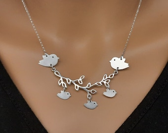 Family of Birds Necklace, Silver Bird Jewelry, Personalized Necklace - Mother Bird with Baby Birds, Mothers Day Gift