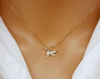 Gold Filled Hummingbird Necklace -  Bird Necklace - Dainty Necklace for Women Little Child Young Girls Teens Niece Daughter Kids - Crystal