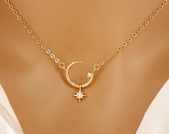 Gold Filled Crescent Moon and Star Necklace, Dainty Necklace, Gift for women sister daughter mom niece teens, Birthday Graduation Gifts