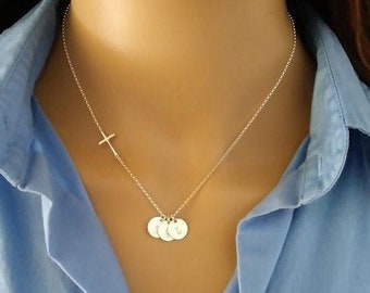 Silver Cross Necklace with Initial, For Christian Women, Cross Jewelry, Mothers Day, Wedding, Kids, Mom Necklace, Personalized Gifts, BS