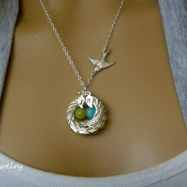 Wire wrapped bird nest necklace with birthstone eggs, Personalized custom initials, For moms, for her, for women, mommy, mother of the bride