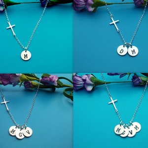 Silver Cross Necklace with Initial, For Christian Women, Cross Jewelry, Mothers Day, Wedding, Kids, Mom Necklace, Personalized Gifts, BS image 2