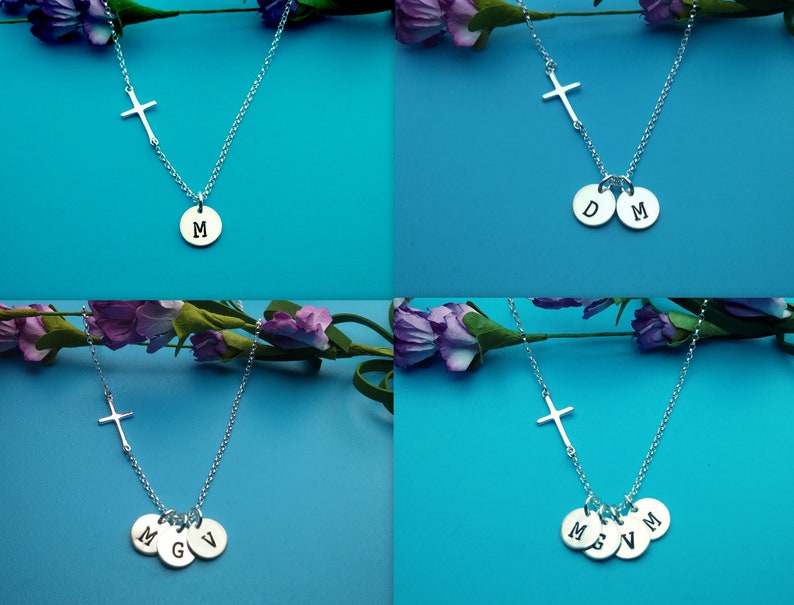 Silver Cross Necklace with Initial, For Christian Women, Cross Jewelry, Mothers Day, Wedding, Kids, Mom Necklace, Personalized Gifts, BS image 2