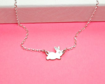 Silver Bunny Necklace - Sideways Rabbit Jewelry - Bunny Charm - 925 Sterling Silver - Personalized