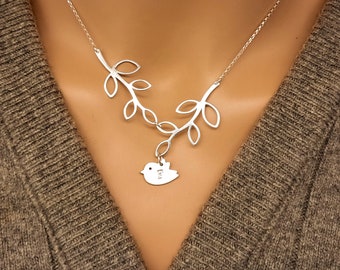 Leafy Vine and Hanging Bird Necklace - Personalized Bird Necklace - Sterling Silver - For Women