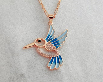 Hummingbird Necklace Blue Enamel with Cubic Zirconia - Bird Jewelry, Dainty Jewelry, Gift for Women, For Her