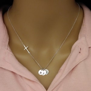Silver Cross Necklace with Initial, For Christian Women, Cross Jewelry, Mothers Day, Wedding, Kids, Mom Necklace, Personalized Gifts, BS image 7
