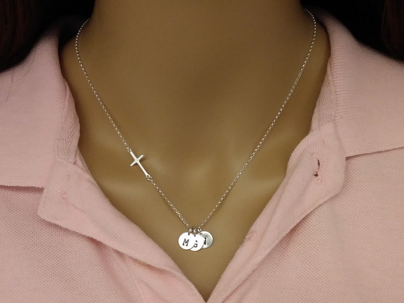 Silver Cross Necklace with Initial, For Christian Women, Cross Jewelry, Mothers Day, Wedding, Kids, Mom Necklace, Personalized Gifts, BS image 7