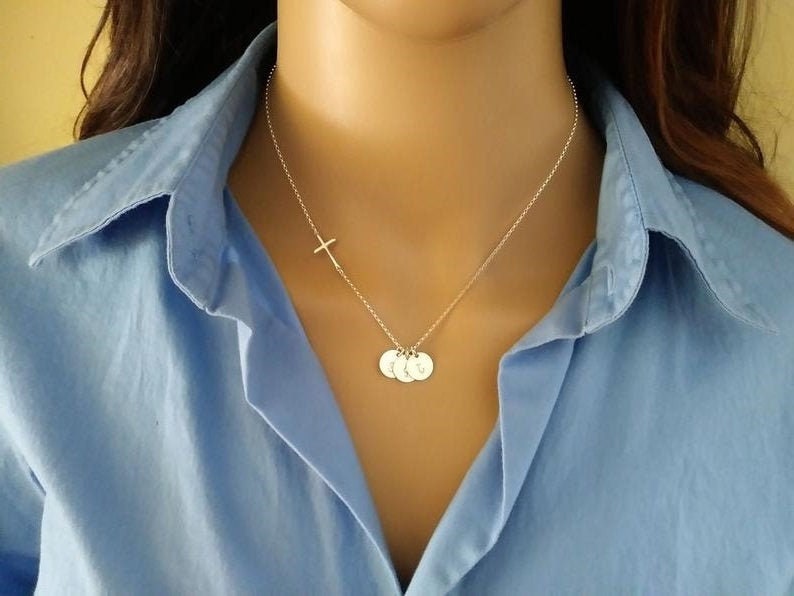 Silver Cross Necklace with Initial, For Christian Women, Cross Jewelry, Mothers Day, Wedding, Kids, Mom Necklace, Personalized Gifts, BS image 1