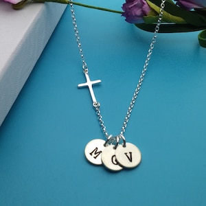 Silver Cross Necklace with Initial, For Christian Women, Cross Jewelry, Mothers Day, Wedding, Kids, Mom Necklace, Personalized Gifts, BS image 6