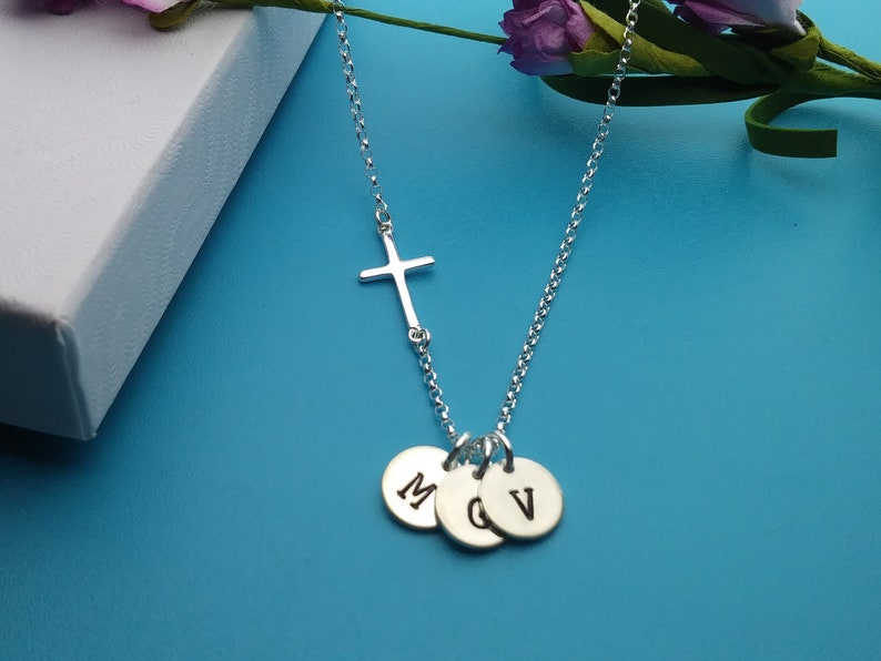 Silver Cross Necklace with Initial, For Christian Women, Cross Jewelry, Mothers Day, Wedding, Kids, Mom Necklace, Personalized Gifts, BS image 6