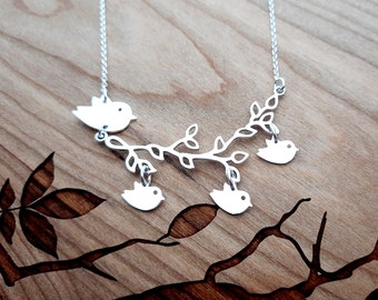 Mama Necklace, Birds on Branch Necklace, Bird Jewelry, Personalized Gifts- Mother Bird with Baby Birds, Mothers Day Gift