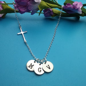 Silver Cross Necklace with Initial, For Christian Women, Cross Jewelry, Mothers Day, Wedding, Kids, Mom Necklace, Personalized Gifts, BS image 5