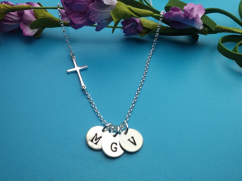 Silver Cross Necklace with Initial, For Christian Women, Cross Jewelry, Mothers Day, Wedding, Kids, Mom Necklace, Personalized Gifts, BS image 5