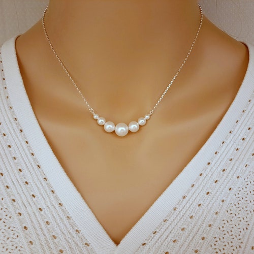 2-10mm Graduated Pearl Necklace in Sterling Silver, Curved Bar Pearl Necklace For Women, Dainty Pearl Jewelry, Pearl Gift, Bridesmaid Gifts