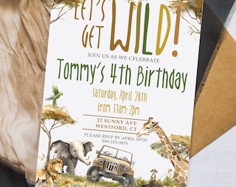 Editable Safari Birthday Invitation Template, Let’s Get Wild Invite, Jungle Animal Party, Watercolor Jeep & Giraffe Invite, BR004
