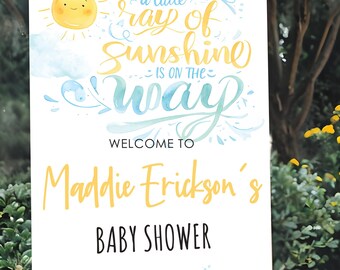 Editable A Little Ray of Sunshine Baby Shower Welcome Sign Template, Baby Boy, Baby Shower Sign Decor, Blue & Yellow Baby Shower, BA104