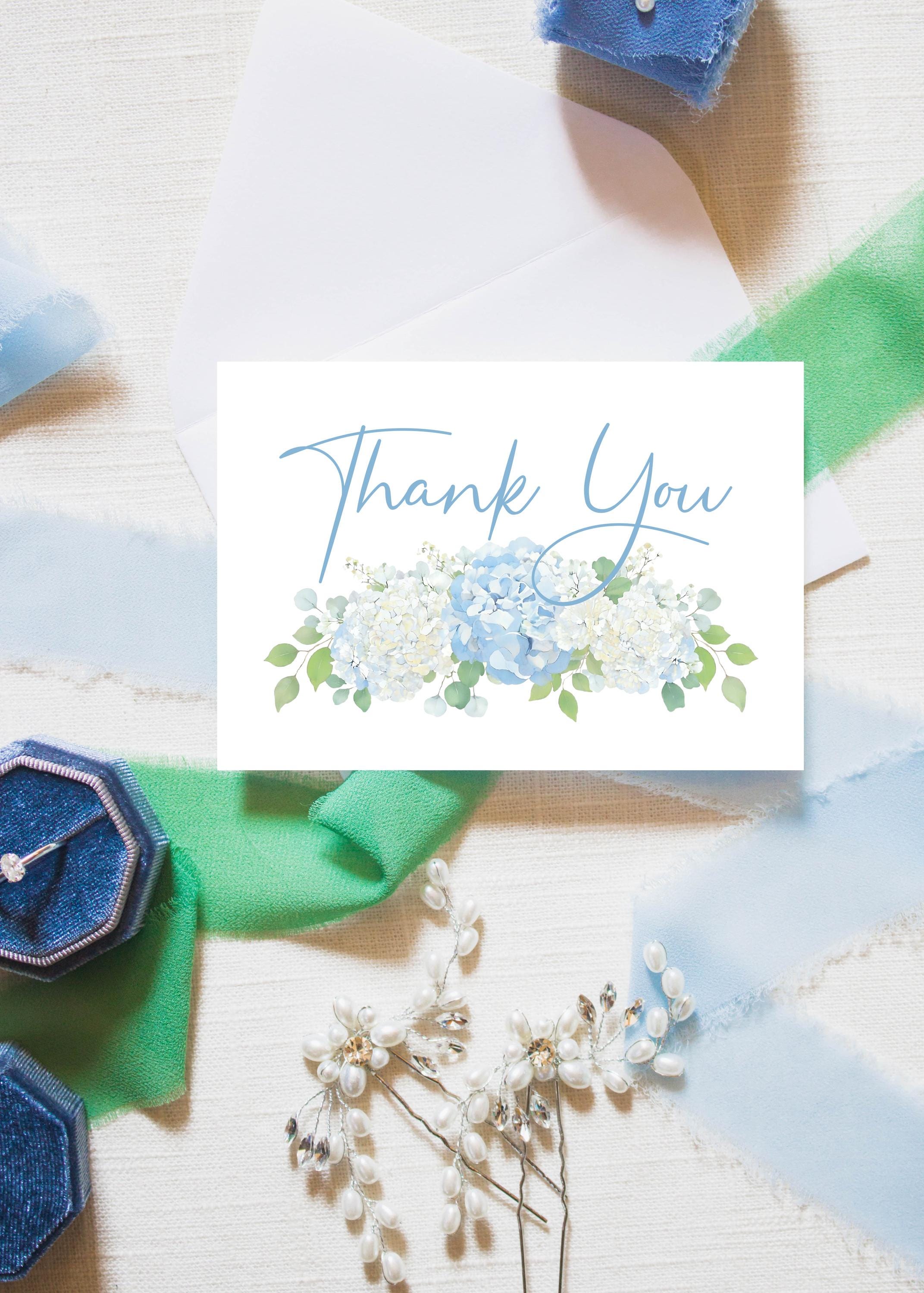 Editable Blue Hydrangea Thank You Card Template, Blue & White Floral ...