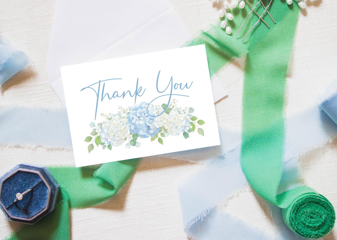 Editable Blue Hydrangea Thank You Card Template, Blue & White Floral ...