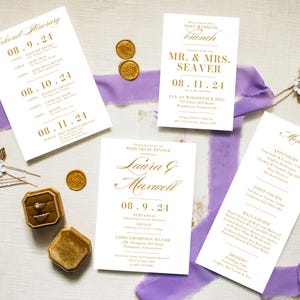 Bearbeitbares zeitlos elegantes Hochzeitseinladungs-Extras-Schablonen-Set, Gold-Weiß-Hochzeit, Probeessen, Abschiedsbrunch, Empfangskarte, WS003