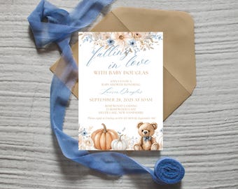 Editable Falling In Love Fall Baby Shower Invitation Template, Fall Teddy Bear Pumpkins and Flowers, Blue and Brown Autumn Invite, BA109
