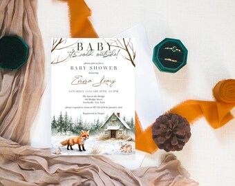 Modello modificabile per invito baby shower "Fa freddo fuori", baby shower invernale, baby shower con creature del bosco, BA111