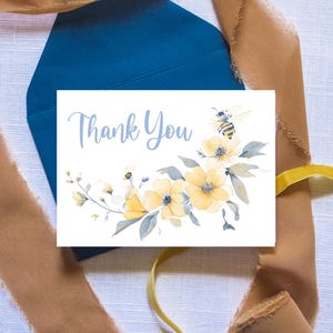 Cartão de agradecimento editável para chá de bebê "Mamãe e Abelha", chá de bebê azul e amarelo, chá de bebê "Menino", cartão de agradecimento de primavera, BA102