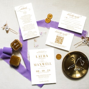 Plantillas de invitación de boda editables, elegantes y atemporales, para bodas en blanco y dorado, tarjetas RSVP y detalles (WS003)