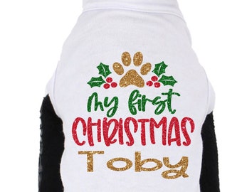 Puppy first Christmas outfit, Personalized Dog First Christmas Shirt Outfit, Dog Christmas Gift, Dog Shirt with Name on it