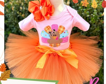 Conjunto de bebé para Acción de Gracias: camisa de pavo, tutú naranja y lazo para el cabello / Conjunto de niña para festival de otoño / Ropa para bebé para el primer Día de Acción de Gracias