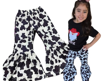 Cow print Girls Bell Bottom Pants - Cozy Knit Material with Elastic Waist