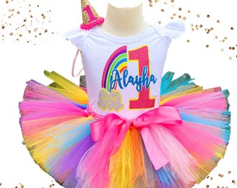 Bright Rainbow 1st Birthday Tutu and Mini Party Hat Smash Cake outfit