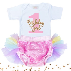 Birthday girl outfit 1 year old, Pink and Gold birthday outfit, First Rainbow Birthday outfit, Pastel rainbow tutu set